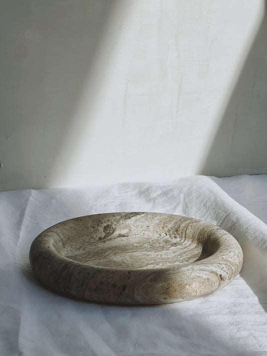 Gray Round Circular Travertine Deep Lip Balloon Stone Tray