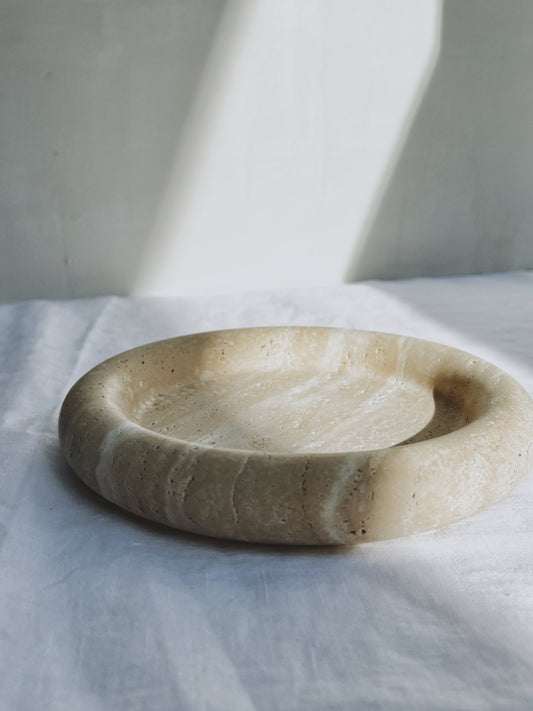 Beige Round Circular Travertine Deep Lip Balloon Stone Tray